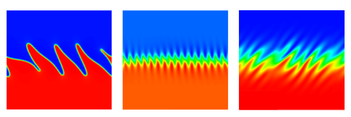 2種類の超流動体（赤と青の領域）の界面（黄緑）が形成する様々な模様を表した数値シミュレーション結果