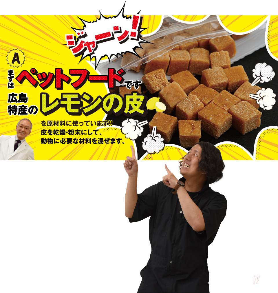 まずはペットフードです　広島特産のレモンの皮を原材料に使っています!!