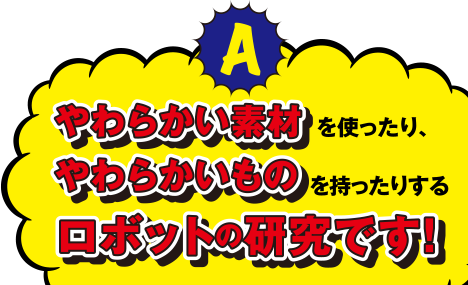 やわらかい素材を使ったり、やらかいものを持ったりするロボットの研究です!