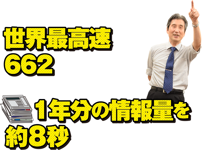 ズバリ情報量です。2014年に世界最高速となる662メガビットを記録。これは、新聞だと1年分の情報量を約8秒で送れます。