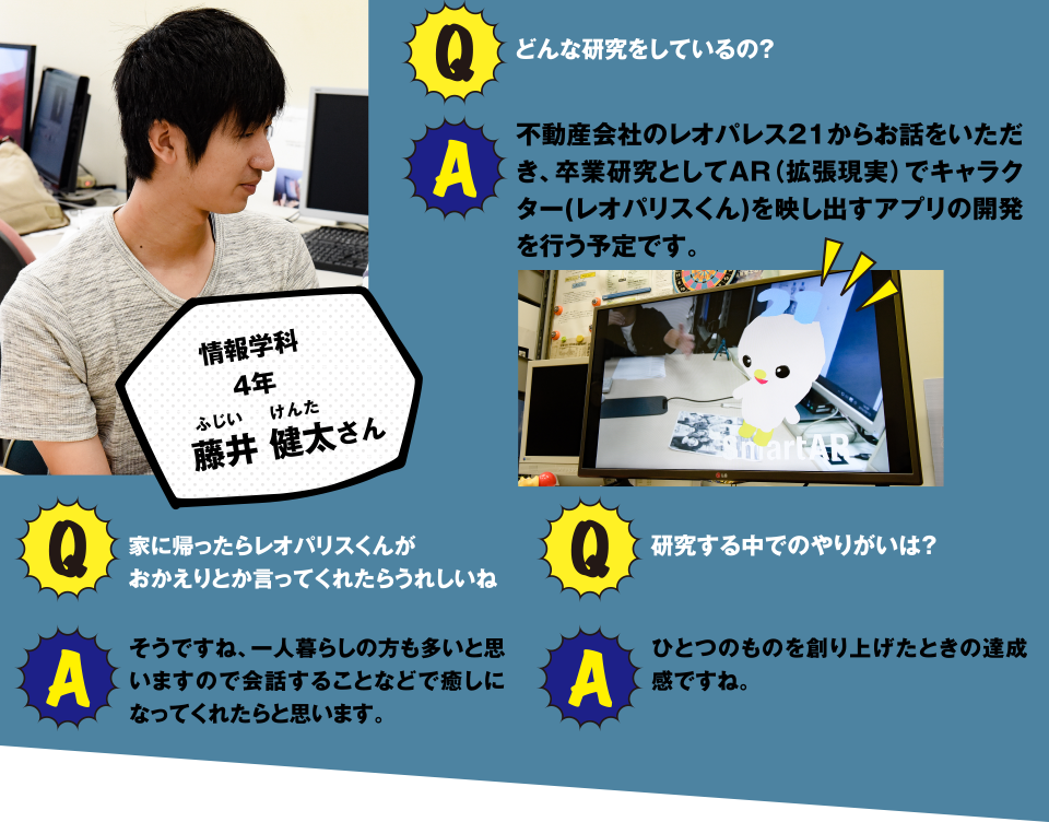 情報学科4年 藤井 健太さん Q どんな研究をしているの？ A 不動産会社のレオパレス21からお話をいただき、卒業研究としてAR(拡張現実)でキャラクター(レオパリスくん)を映し出すアプリの開発を行う予定です。 Q 家に帰ったらレオパリスくんがおかえりとか言ってくれたらうれしいね A そうですね、一人暮らしの方も多いと思いますので会話することなどで癒しになってくれたらと思います。 Q 研究する中でのやりがいは？ A ひとつのものを創り上げた時の達成感ですね。