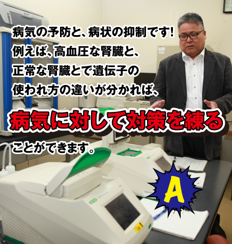 病気の予防と、病状の抑制です! 例えば、高血圧な腎臓と、正常な腎臓とで遺伝子の使われ方の違いが分かれば、病気に対して対策を練ることができます。