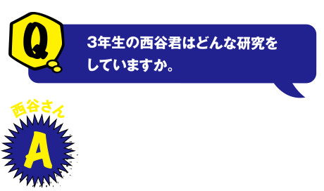 Q 3年生の西谷君はどんな研究をしていますか。 西谷さん A 私は吉谷先生の専門と同じ、防火の煙について研究をしています。