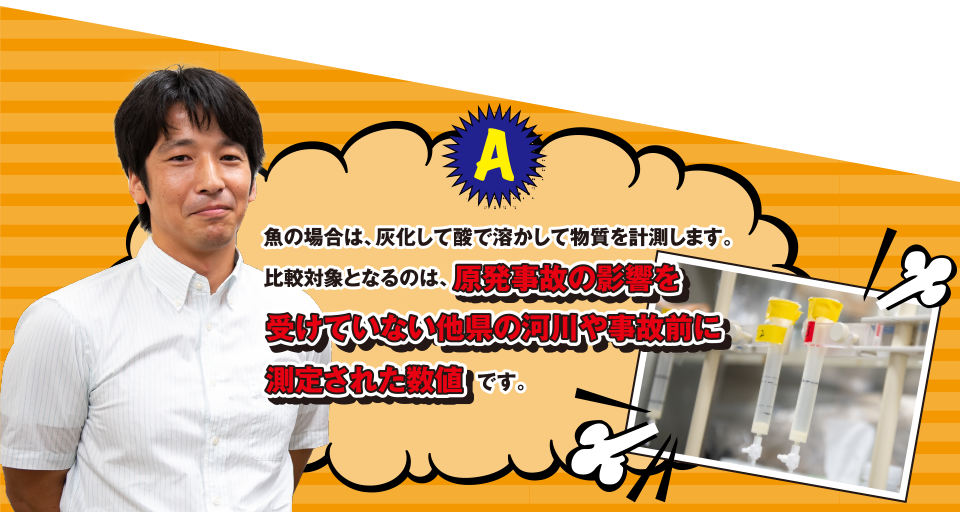 A 魚の場合は、灰化して酸で溶かして物質を計測します。比較対象となるのは、原発事故の影響を受けていない他県の河川や事故前に測定された数値です。