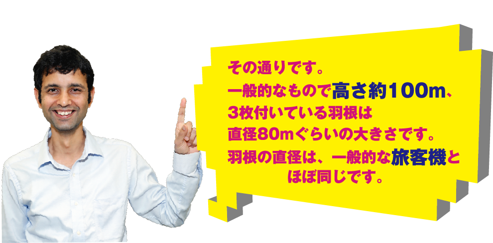 その通りです。一般的なもので高さ約100m、3枚付いている羽根は直径80mぐらいの大きさです。羽根の直径は、一般的な旅客機とほぼ同じです。