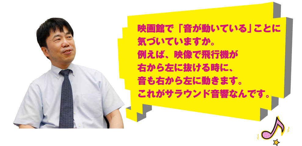 映画館で「音が動いている」ことに気づいていますか。例えば、映像で飛行機が右から左に抜ける時に、音も右から左に動きます。これがサラウンド音響なんです。