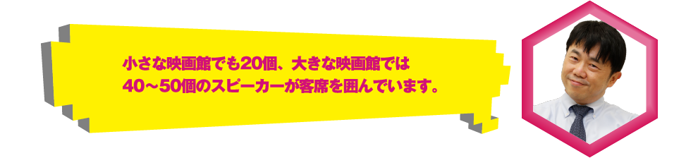 小さな映画館でも20個、大きな映画館では40～50個のスピーカーが客席を囲んでいます。