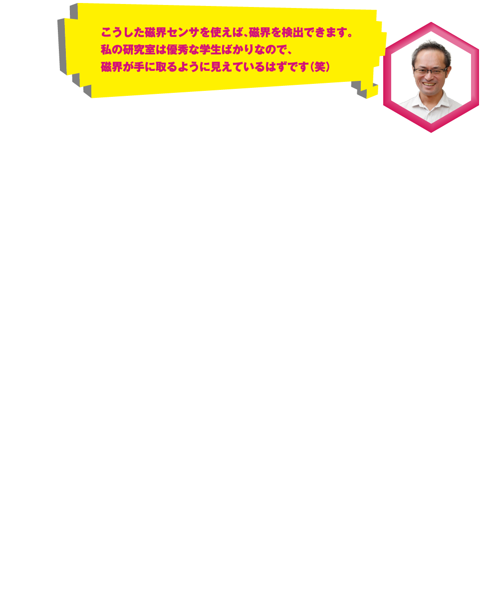 こうした磁界センサを使えば、磁界を検出できます。私の研究室は優秀な学生ばかりなので、磁界が手に取るように見えているはずです（笑）