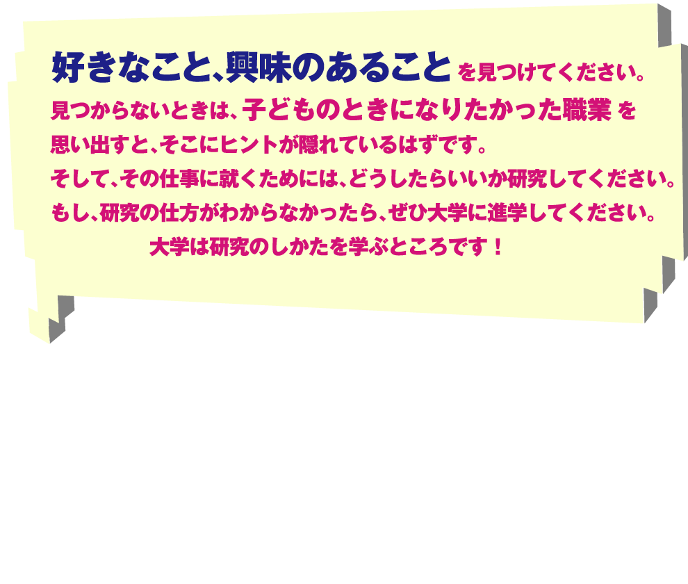 好きなこと、興味のあることを見つけてください。見つからないときは、子どものときになりたかった職業を思い出すと、そこにヒントが隠れているはずです。そして、その仕事に就くためには、どうしたらいいか研究してください。もし、研究の仕方がわからなかったら、ぜひ大学に進学してください。大学は研究のしかたを学ぶところです！