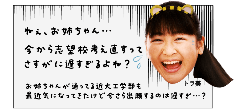 トラ美「ねぇ、お姉ちゃん…今から志望校考え直すってさすがに遅すぎるよね？お姉ちゃんが通ってる近大工学部も最近気になってきたけど今さら出願するのは遅すぎ…？」