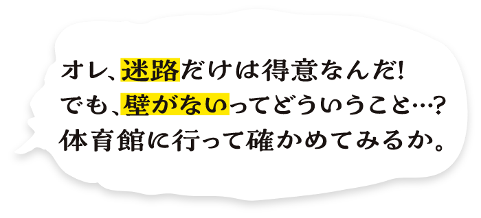 オレ、迷路だけは得意なんだ！でも、壁がないってどういうこと…？体育館に行って確かめてみるか。