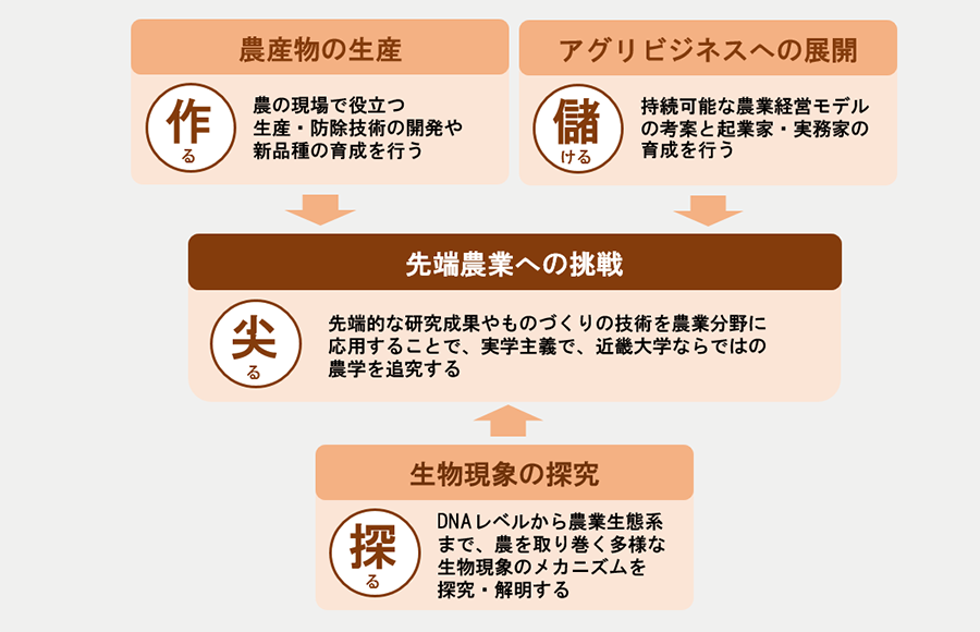 充実した施設環境のもと、4つの視点から実学主義で、近畿大学ならではの農学を追究します