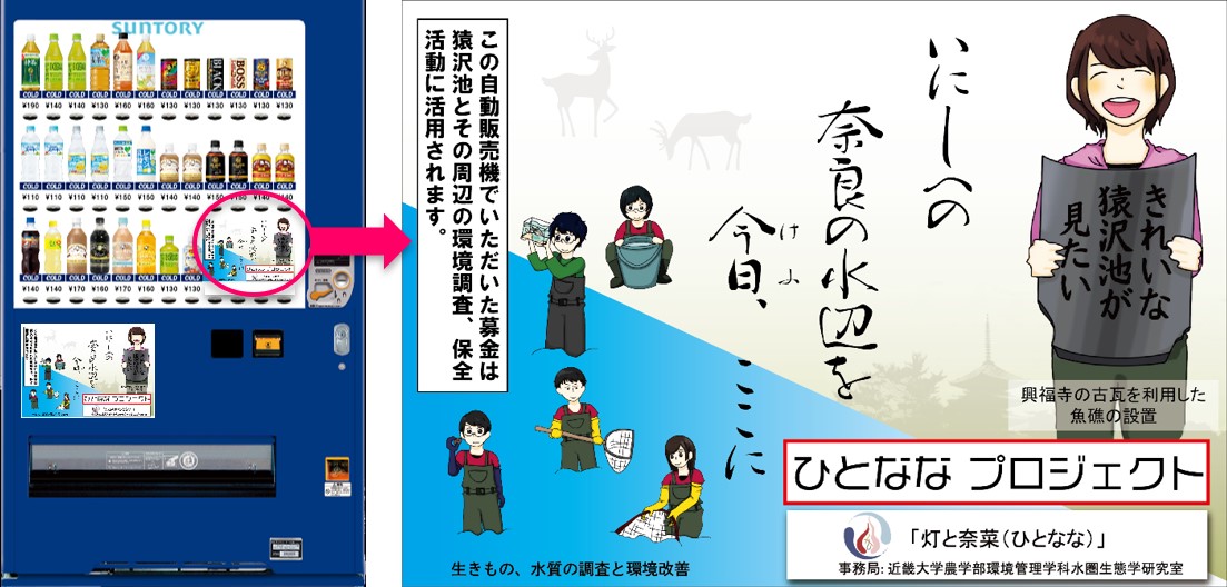 近大生による猿沢池やその周辺の環境調査・保全活動　「ひとななプロジェクト」を支援する募金ボタン付き自動販売機を設置