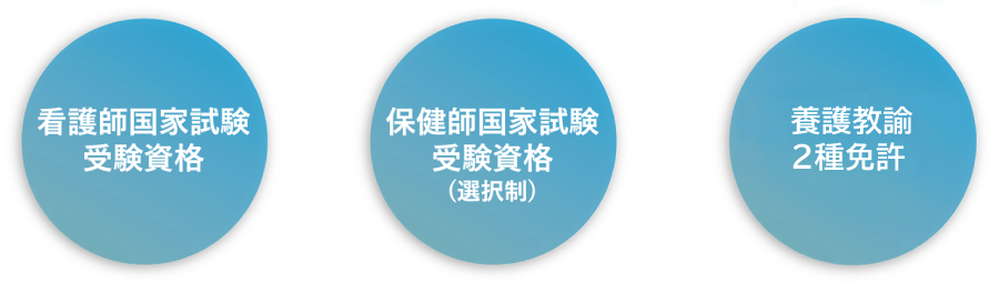 看護師国家試験受験資格、保健師国家試験受験資格（選択制）、養護教諭2種免許