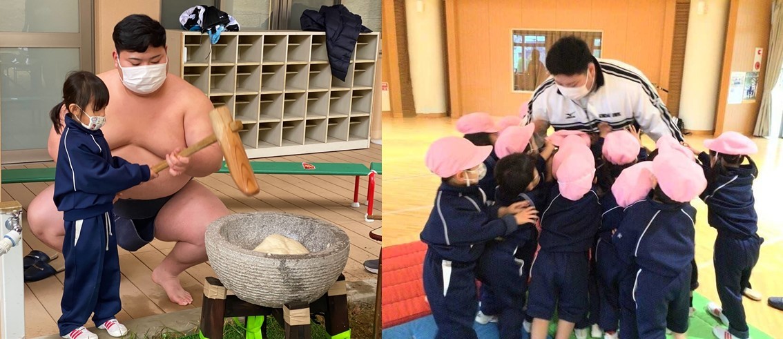 園児が近畿大学相撲部の学生とともに「もちつき大会」を開催　日本の伝統文化に触れ、ひと足早いお正月気分を味わう