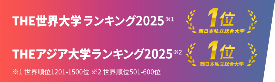 THE世界大学ランキング2025 西日本私立総合大学 1位 THEアジア大学ランキング2022 西日本私立総合大学 1位 ※1 総合順位1201-1500位 ※2 総合順位201-250位