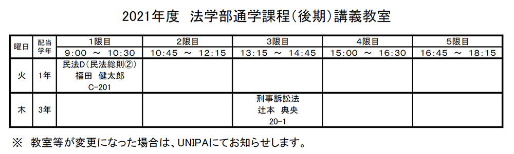 2021年度　法学部通学課程（後期）講義教室