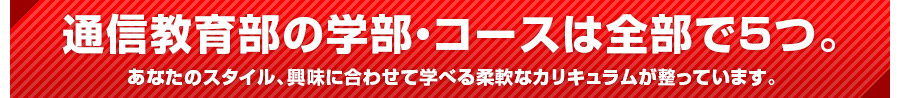 通信教育部の学部・コースは全部で5つ。
あなたのスタイル、興味に合わせて学べる柔軟なカリキュラムが整っています。